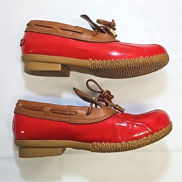 Tory burch red tan patent leather rain snow ankle boots women's 6.5 - Picture 7 of 10